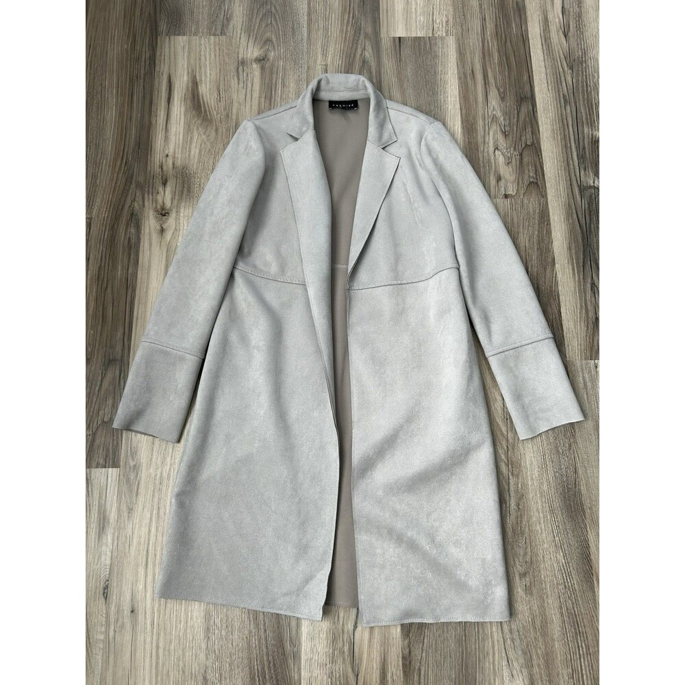 Premise Faux Suede Open Front Duster Coat Gray Longline Cardigan Pockets XS⁠